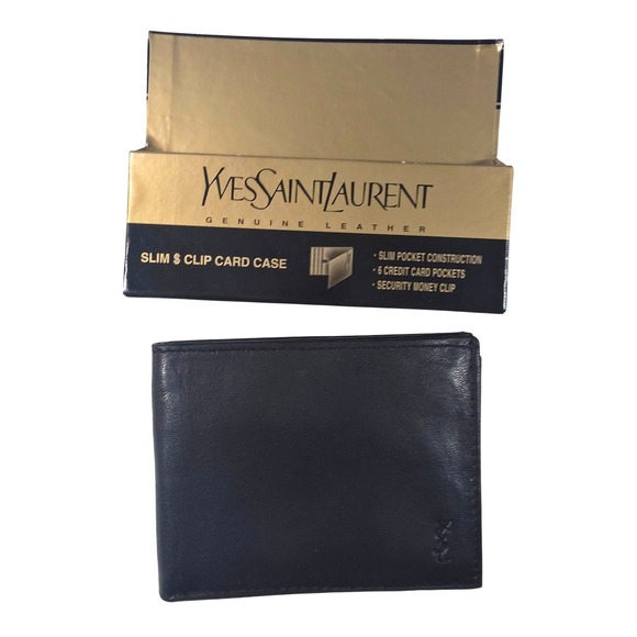 Yves Saint Laurent NWT Vintage YSL Black Leather Slim Card Case Wallet - Picture 1 of 12